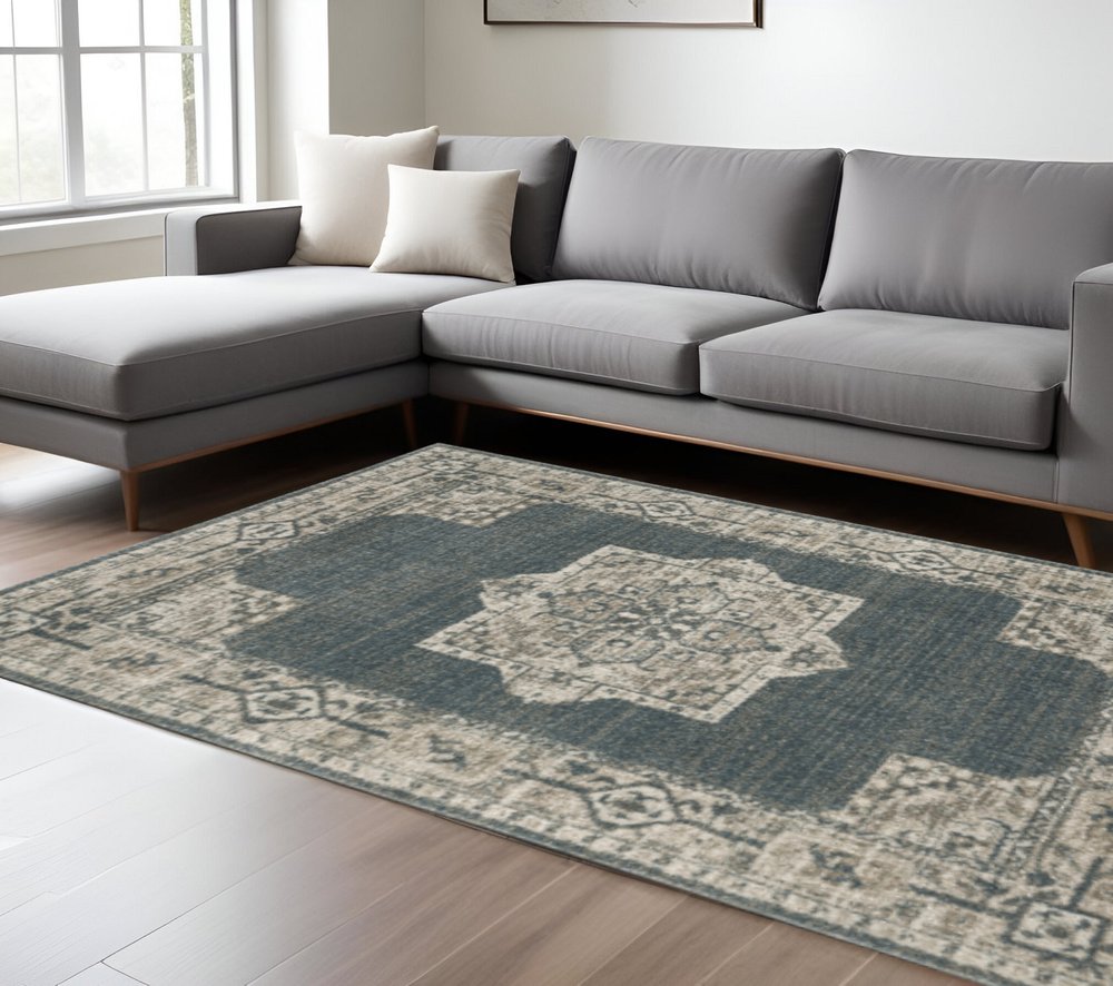 7' X 10' Blue and Beige Oriental Power Loom Area Rug