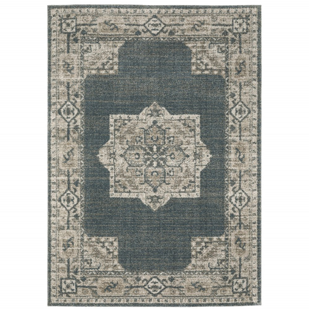 7' X 10' Blue and Beige Oriental Power Loom Area Rug