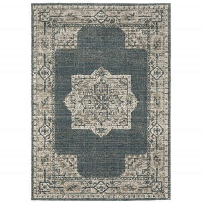 7' X 10' Blue and Beige Oriental Power Loom Area Rug