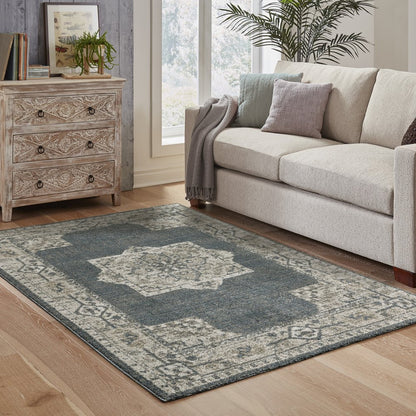 7' X 10' Blue and Beige Oriental Power Loom Area Rug