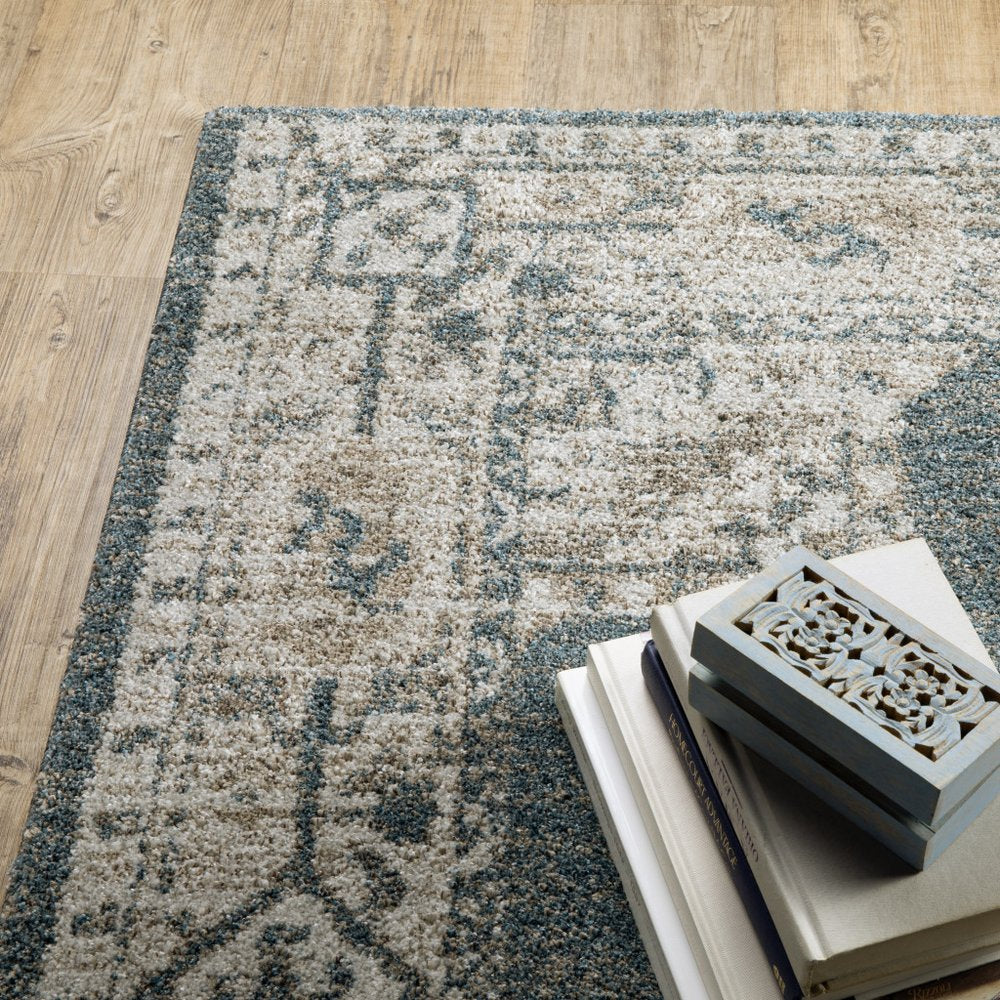 7' X 10' Blue and Beige Oriental Power Loom Area Rug