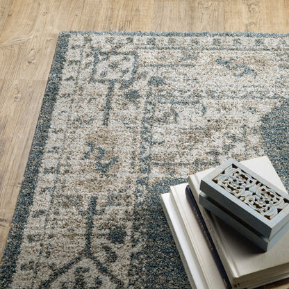 7' X 10' Blue and Beige Oriental Power Loom Area Rug