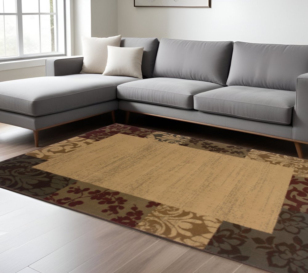 10' X 13' Beige Red Green Gold And Grey Abstract Power Loom Stain Resistant Area Rug