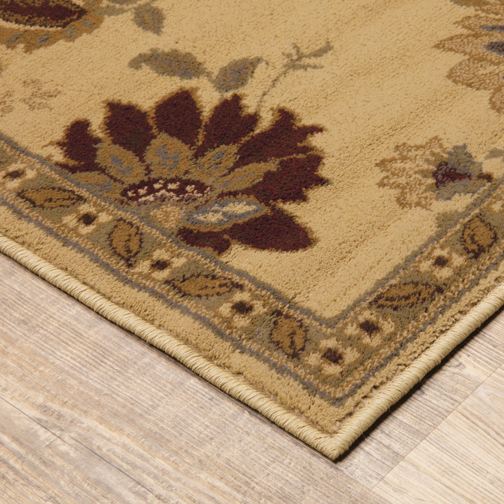 3' X 5' Ivory Green Brown Blue And Rust Floral Power Loom Stain Resistant Area Rug