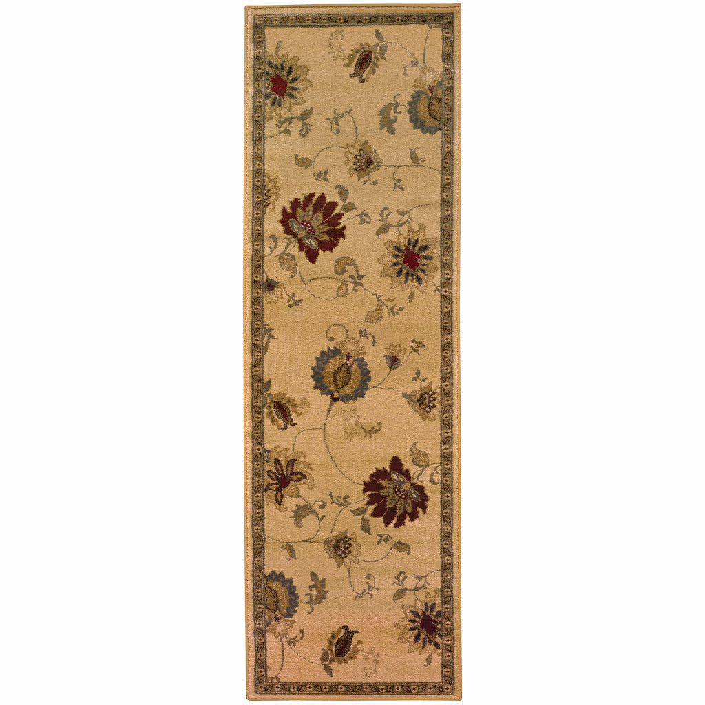 2' X 8' Ivory Green Brown Blue And Rust Floral Power Loom Stain Resistant Runner Rug