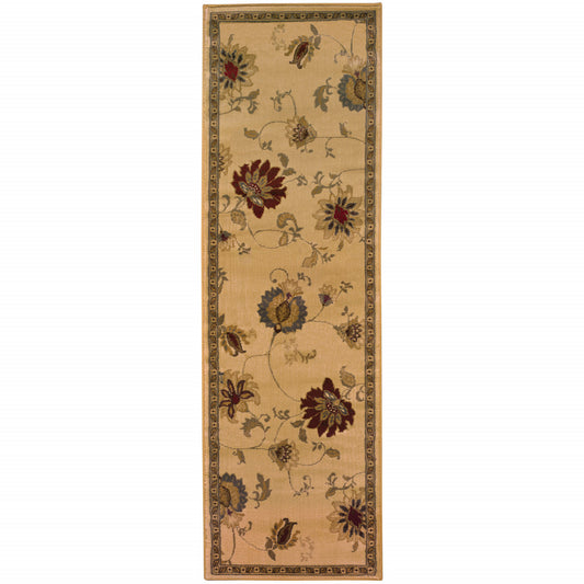 2' X 8' Ivory Green Brown Blue And Rust Floral Power Loom Stain Resistant Runner Rug