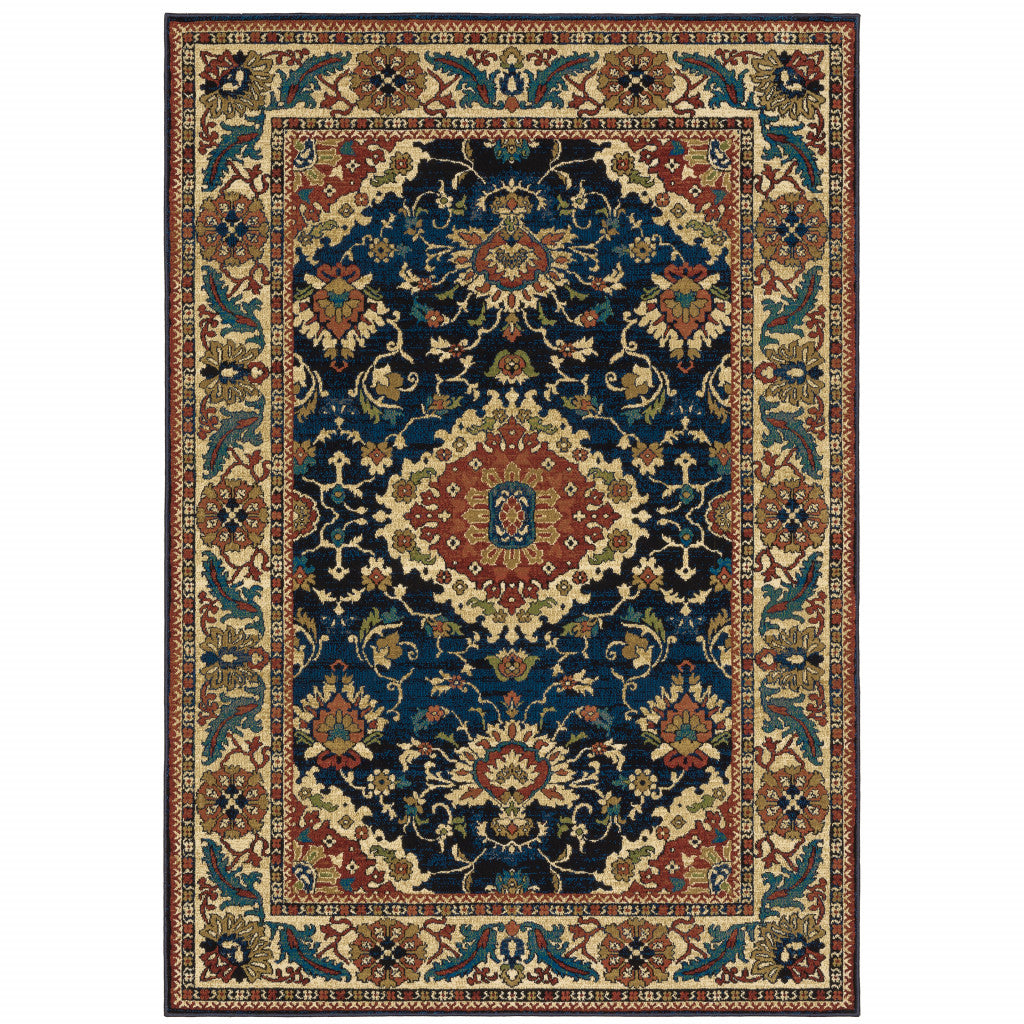 10' X 13' Blue Red And Beige Oriental Power Loom Stain Resistant Area Rug