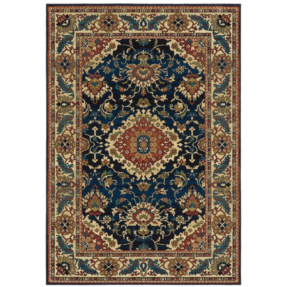 10' X 13' Blue Red And Beige Oriental Power Loom Stain Resistant Area Rug