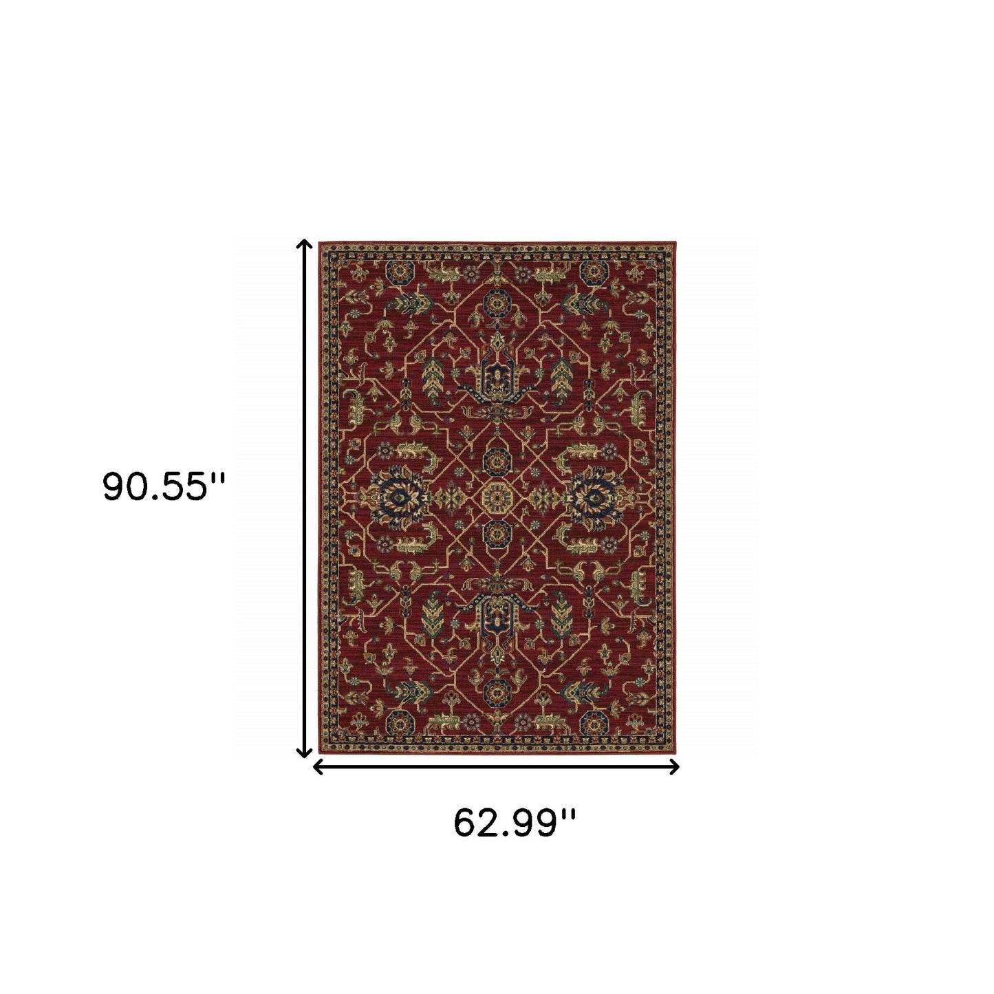 5' X 8' Red And Blue Oriental Power Loom Stain Resistant Area Rug