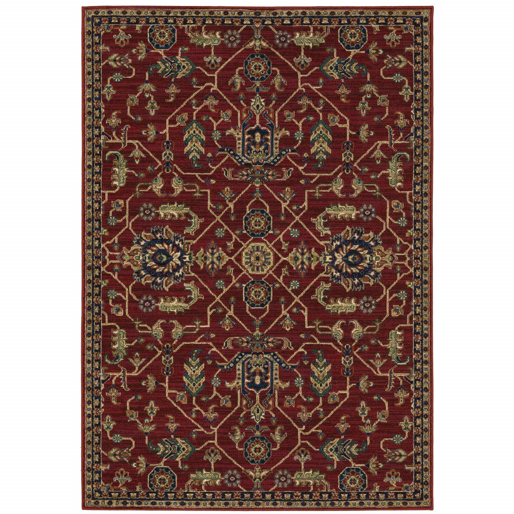 5' X 8' Red And Blue Oriental Power Loom Stain Resistant Area Rug