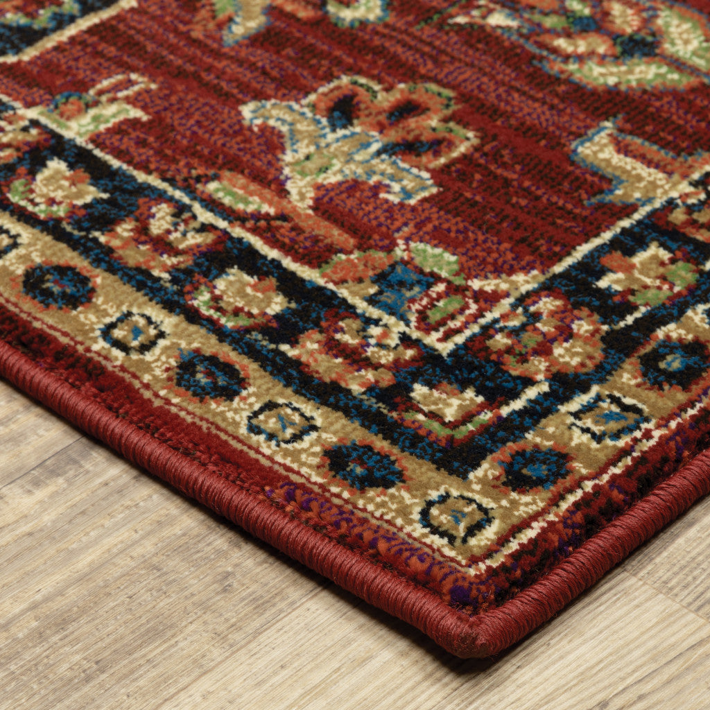 5' X 8' Red And Blue Oriental Power Loom Stain Resistant Area Rug