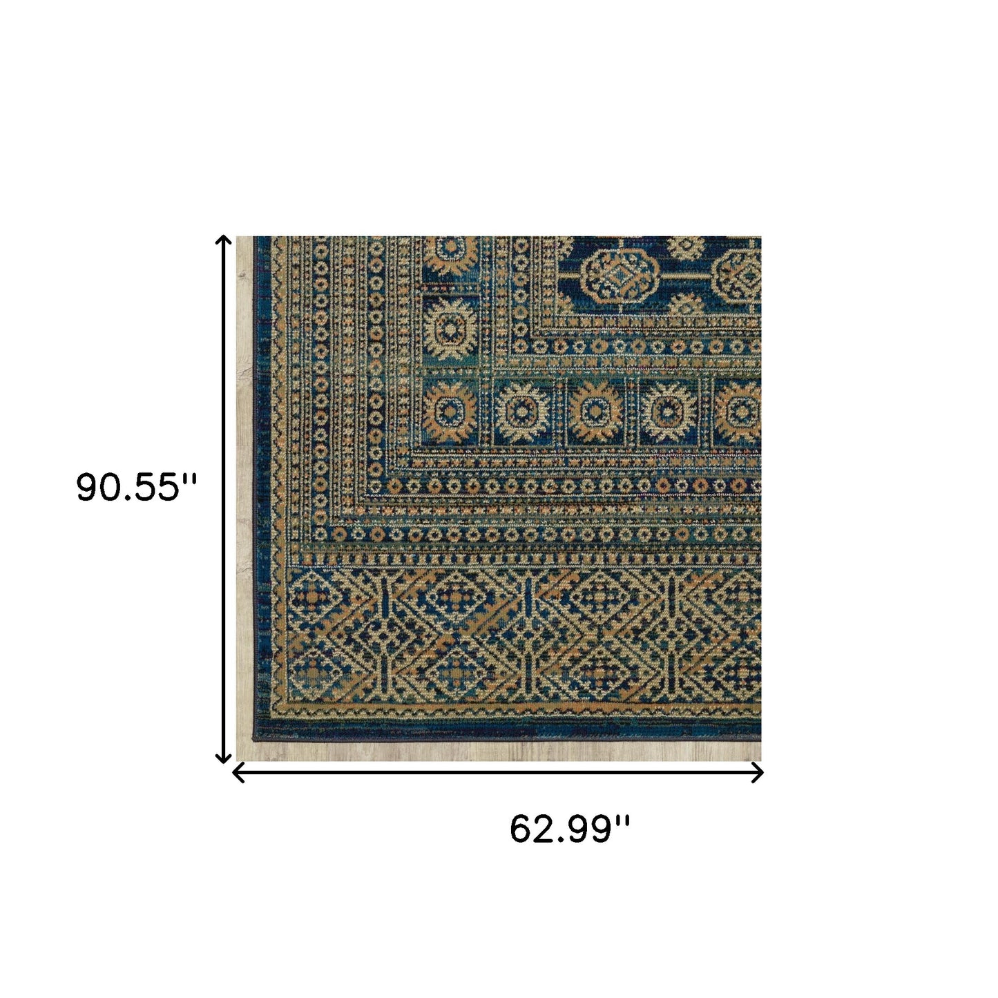 5' X 8' Blue And Gold Oriental Power Loom Stain Resistant Area Rug