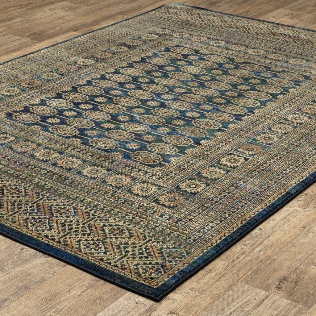 5' X 8' Blue And Gold Oriental Power Loom Stain Resistant Area Rug