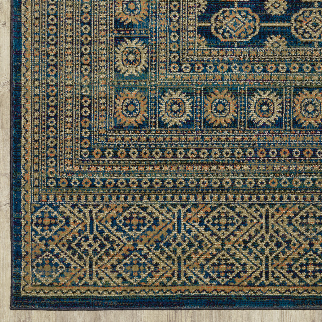 5' X 8' Blue And Gold Oriental Power Loom Stain Resistant Area Rug