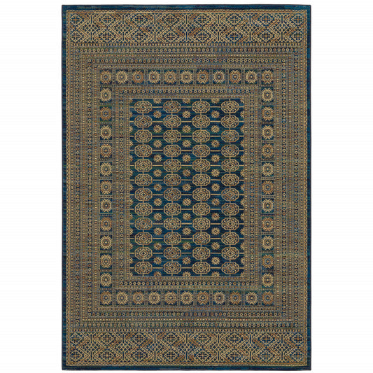 10' X 13' Blue And Gold Oriental Power Loom Stain Resistant Area Rug