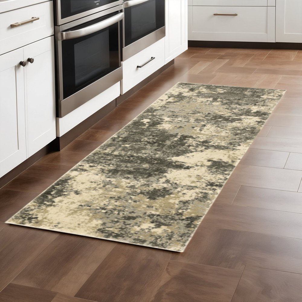 2' X 8' Charcoal Grey Beige And Tan Abstract Power Loom Stain Resistant Runner Rug