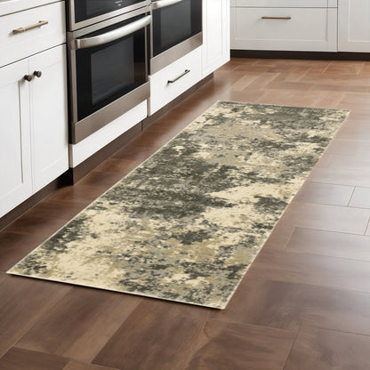 2' X 8' Charcoal Grey Beige And Tan Abstract Power Loom Stain Resistant Runner Rug