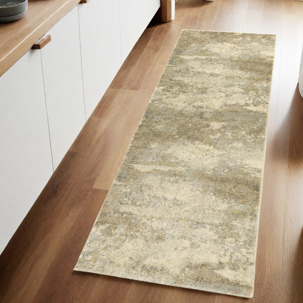 8' Beige and Gold Abstract Power Loom Runner Rug