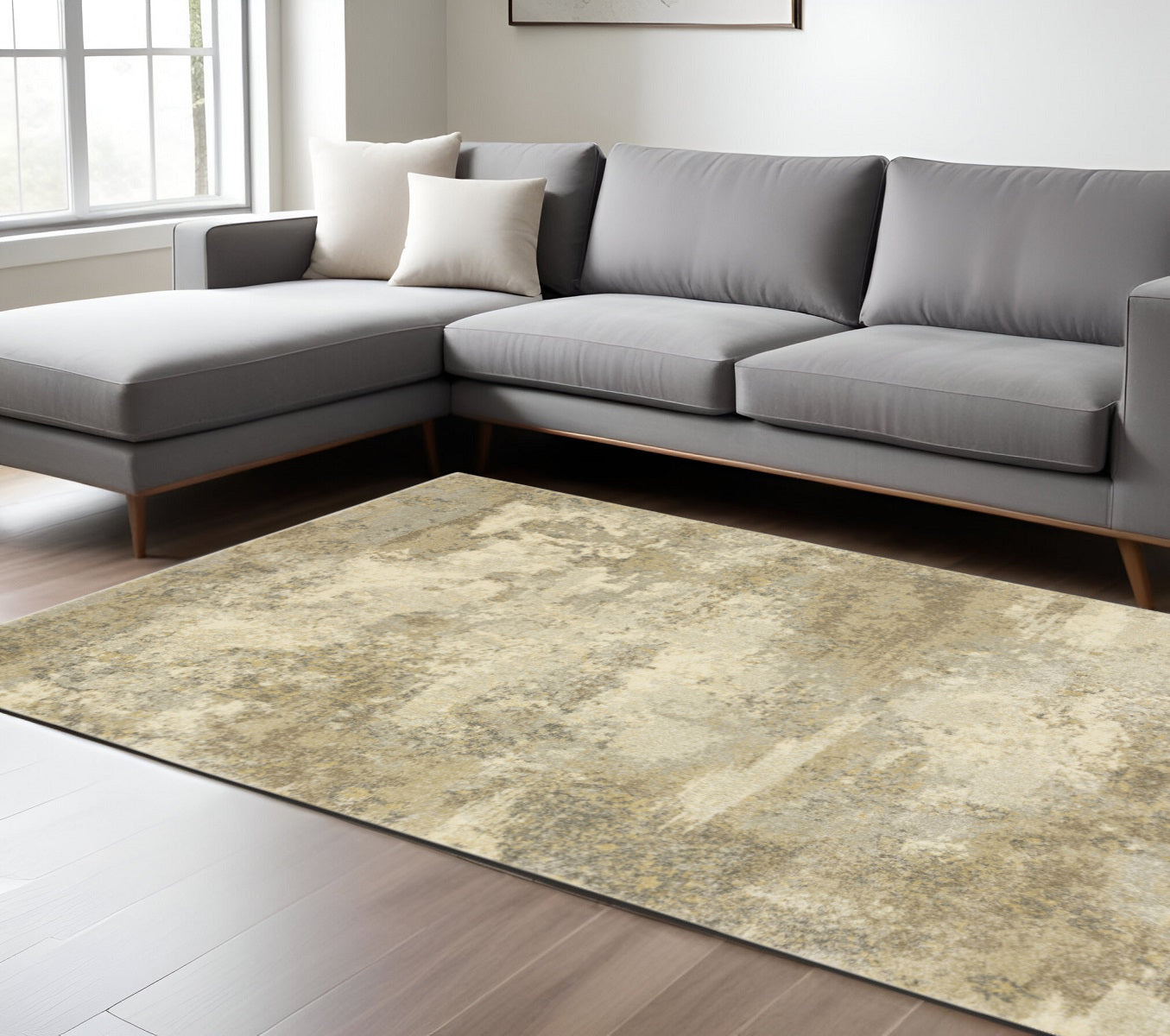 10' X 13' Beige and Gold Abstract Power Loom Area Rug