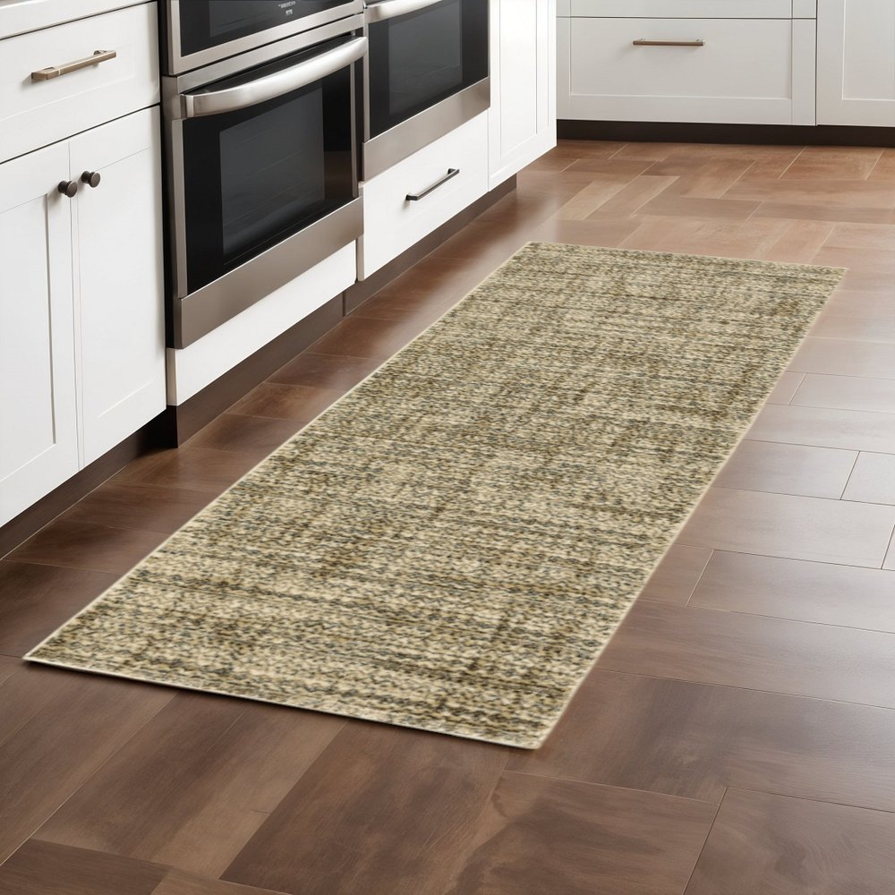 2' X 8' Beige Brown Tan And Blue Green Abstract Power Loom Stain Resistant Runner Rug