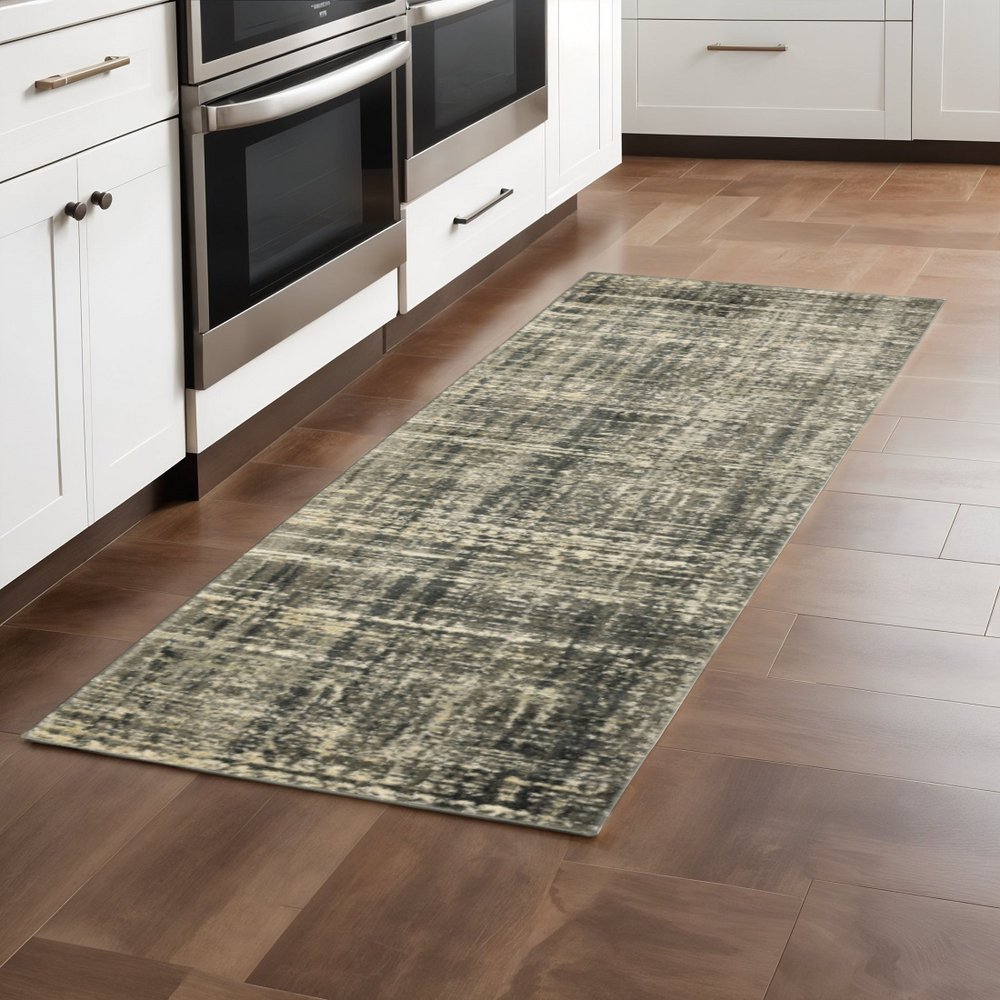 2' X 8' Charcoal Grey Beige And Tan Abstract Power Loom Stain Resistant Runner Rug