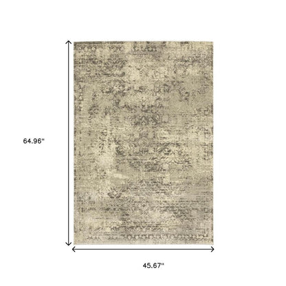 3' X 5' Grey Ivory Beige And Taupe Oriental Power Loom Stain Resistant Area Rug