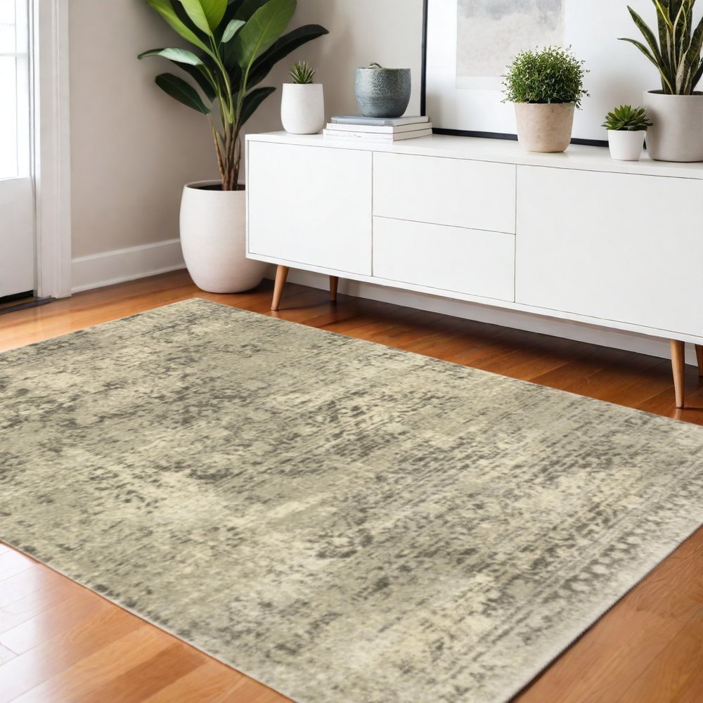 3' X 5' Grey Ivory Beige And Taupe Oriental Power Loom Stain Resistant Area Rug