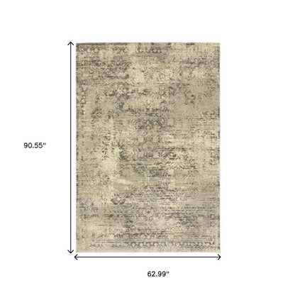 5' X 8' Grey Ivory Beige And Taupe Oriental Power Loom Stain Resistant Area Rug