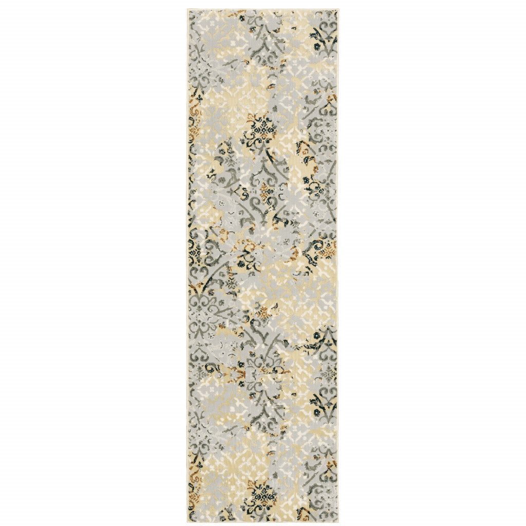 2' X 8' Grey And Gold Abstract Power Loom Stain Resistant Runner Rug