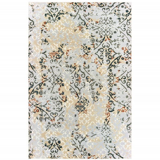 7' X 10' Gray And Gold Abstract Distressed Area Rug