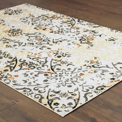 7' X 10' Gray And Gold Abstract Distressed Area Rug