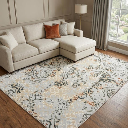 7' X 10' Gray And Gold Abstract Distressed Area Rug
