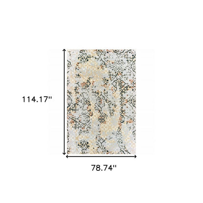 7' X 10' Gray And Gold Abstract Distressed Area Rug