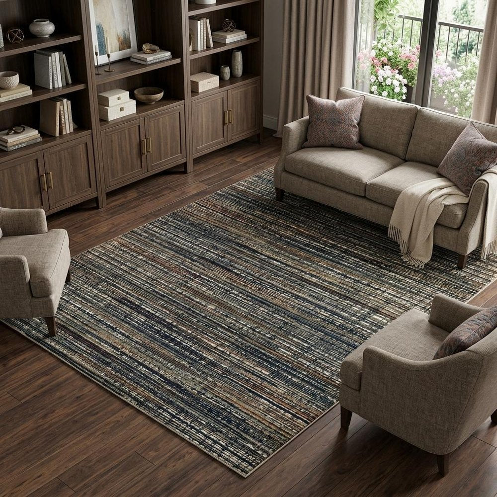 7' X 10' Black And Navy Blue Abstract Area Rug