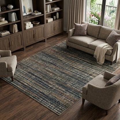 7' X 10' Black And Navy Blue Abstract Area Rug