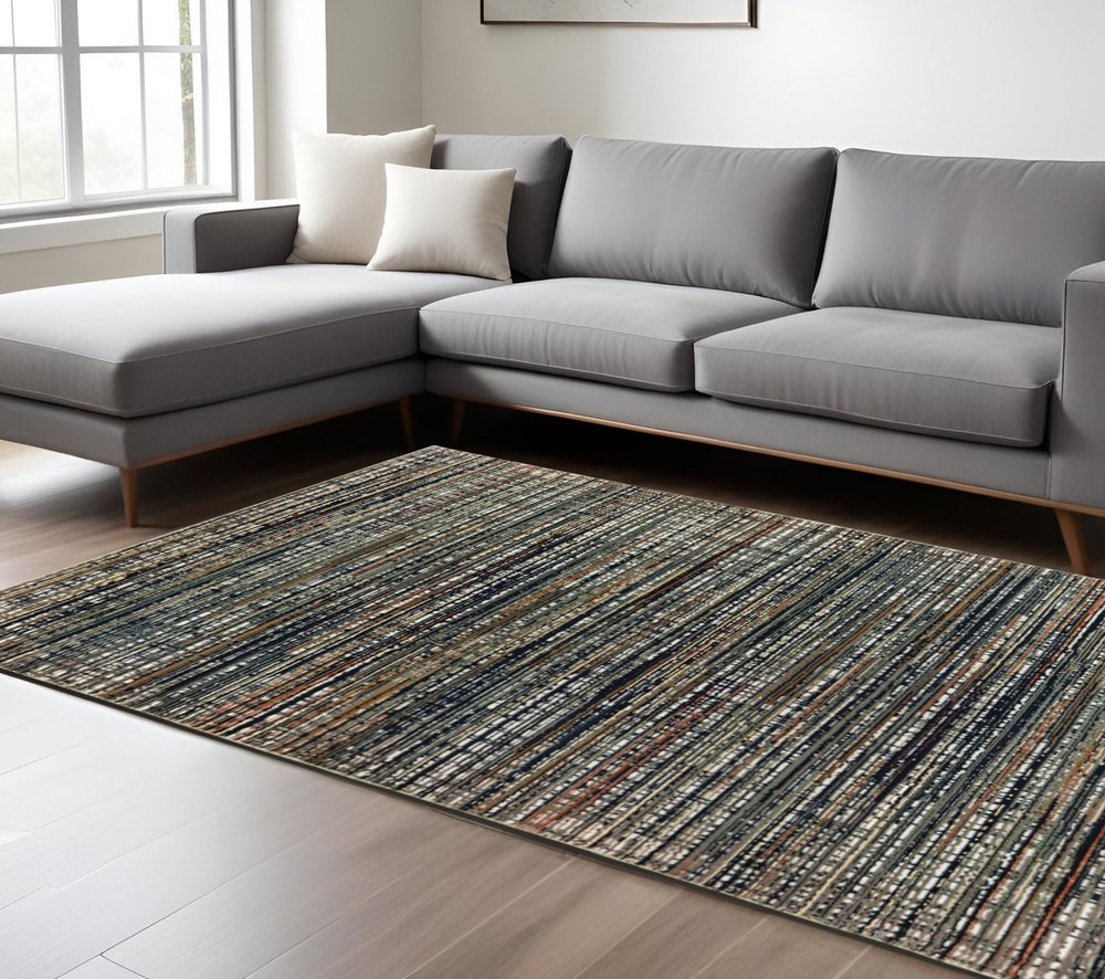 7' X 10' Black And Navy Blue Abstract Area Rug
