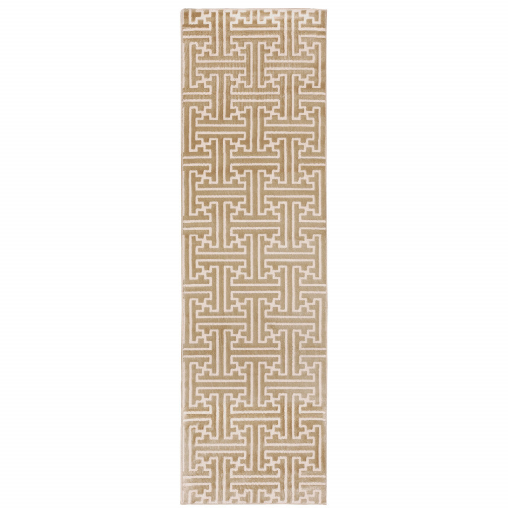 2' X 8' Gold And Ivory Geometric Power Loom Stain Resistant Runner Rug