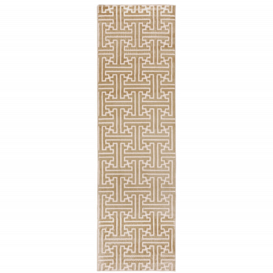 2' X 8' Gold And Ivory Geometric Power Loom Stain Resistant Runner Rug