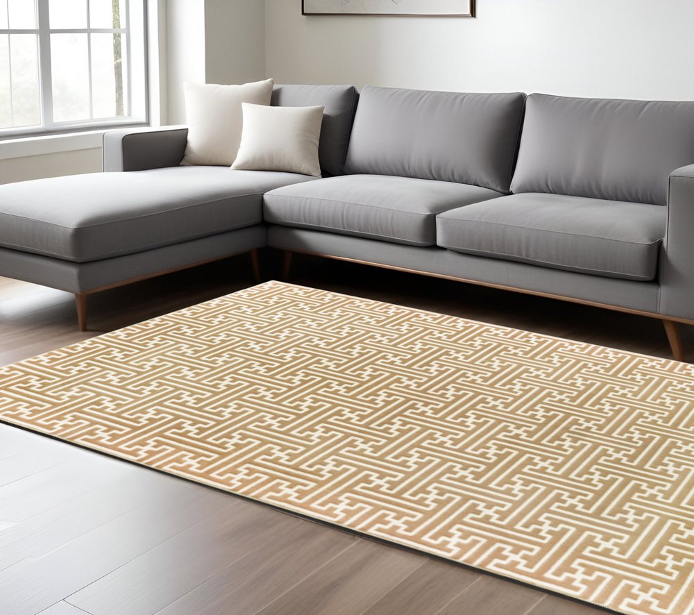 8' X 11' Gold And Ivory Geometric Area Rug