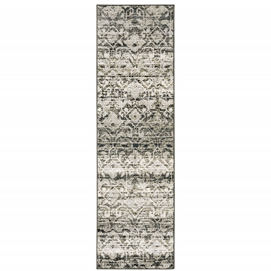 2' X 8' Grey And Ivory Geometric Power Loom Stain Resistant Runner Rug