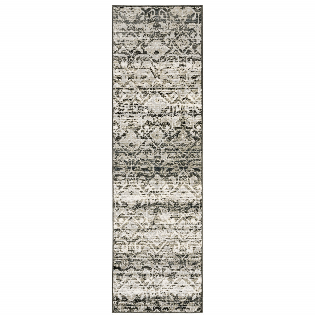 2' X 8' Grey And Ivory Geometric Power Loom Stain Resistant Runner Rug