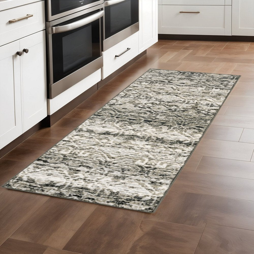 2' X 8' Grey And Ivory Geometric Power Loom Stain Resistant Runner Rug