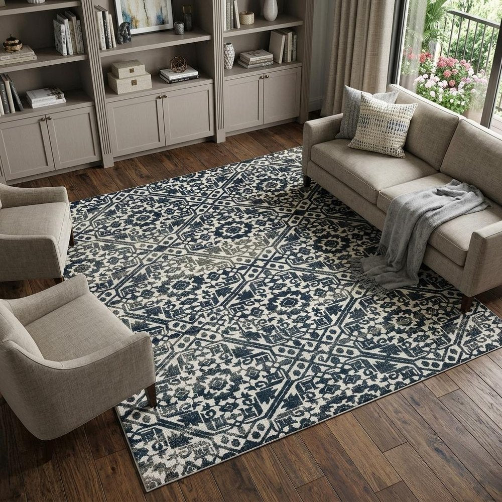 7' X 10' Navy Blue And Ivory Geometric Distressed Area Rug