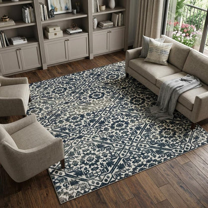 7' X 10' Navy Blue And Ivory Geometric Distressed Area Rug