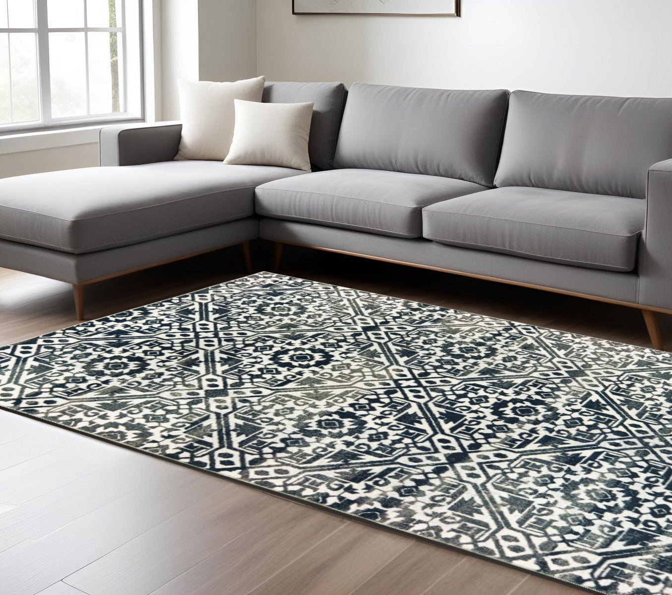 7' X 10' Blue and Ivory Geometric Power Loom Area Rug