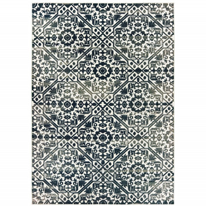 8' X 11' Navy Blue And Ivory Geometric Distressed Area Rug