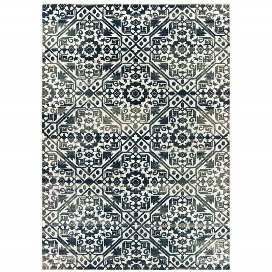 8' X 11' Navy Blue And Ivory Geometric Distressed Area Rug