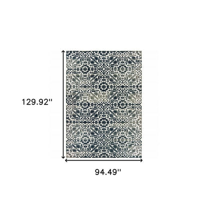 8' X 11' Navy Blue And Ivory Geometric Distressed Area Rug