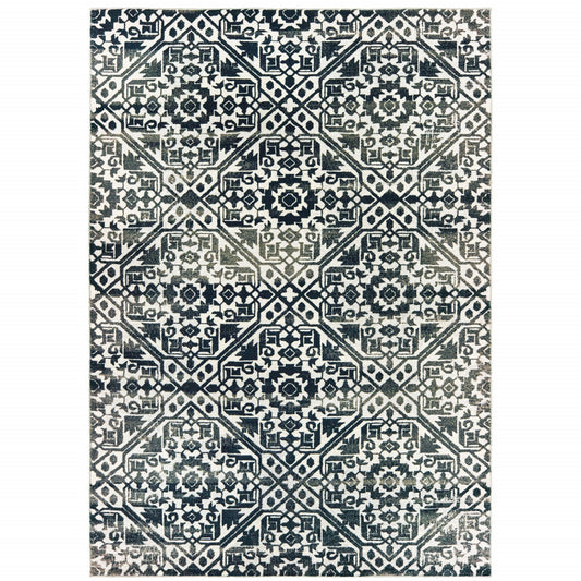 10' X 13' Navy And Ivory Geometric Power Loom Stain Resistant Area Rug