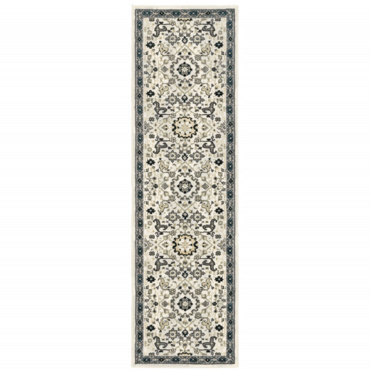 2' X 8' Ivory Navy And Gold Oriental Power Loom Stain Resistant Runner Rug